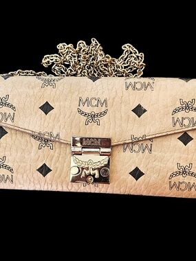 MCM Beige Logo Leather Crossbody Bag WOC with Gold Chain